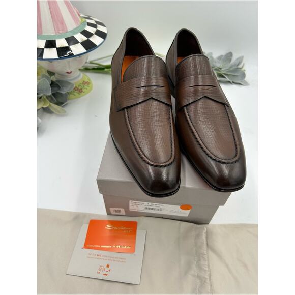 Men\'s Santoni Gannon, dark brown text Jared Leather, penny loafers size 12 US